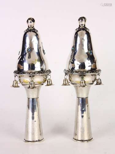 Pair of Turkish style silver Torah finials or rimonim, each with (5) hanging bells and accented with