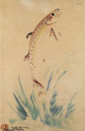 Chiura Obata (American/Japanese, 1885-1975), Jumping Fish, watercolor on paper, signed and stamped