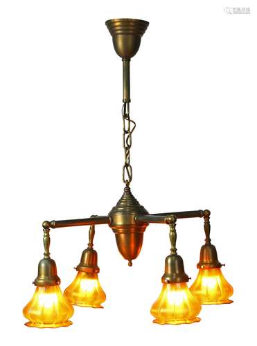 Arts and Crafts hanging light fixture with Steuben shades circa 1920, having a patinated metal