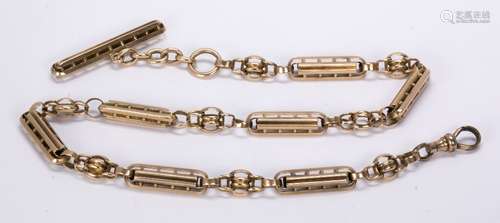 14k yellow gold watch chain Featuring (7), 14k yellow gold bar links, measuring approximately 25 x 5