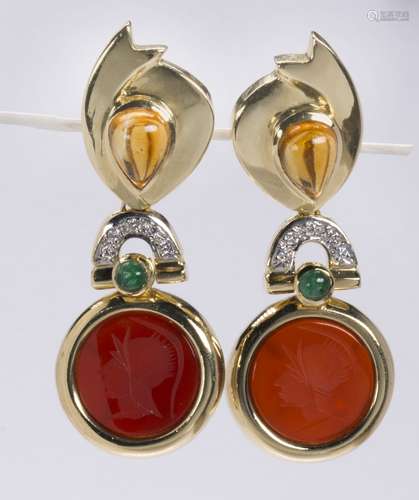 Pair of multi-stone, diamond and 14k yellow gold earrings Featuring (2) round carnelian intaglios,