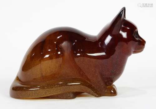 Daum pate de verre cat, executed in amber, depicted seated and gazing outward, signed Daum,