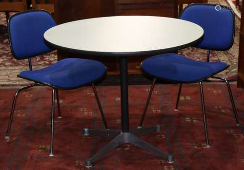 (lot of 3) Herman Miller dinette set, consisting of a table, having a white top, and rising on a X-