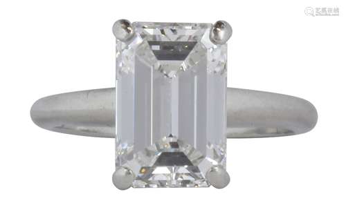 Diamond and platinum ring Featuring (1) emerald-cut diamond, weighing approximately 3.10 cts., set