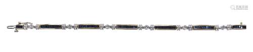 Sapphire, diamond and 14k gold bracelet Featuring (59) rectangular-cut sapphires, weighing a total