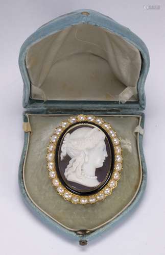 Hardstone cameo, enamel, cultured pearl and 18k yellow gold chatelaine brooch Centering (1) carved