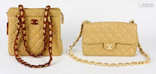 (lot of 2) Chanel resin lambskin handbags, each having a quilted pattern, one having a flap, the