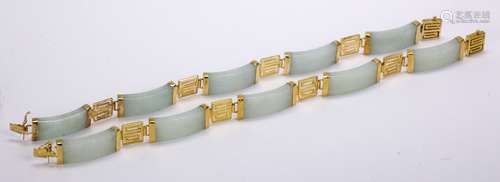 (Lot of 2) Jadeite and 14k yellow gold bracelets Including 2) matching jadeite segment and 14k