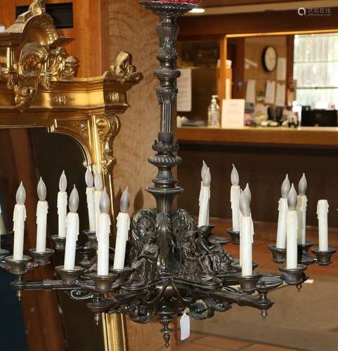 Continental patinated bronze Renaissance style chandelier, having six arms, each arm with three