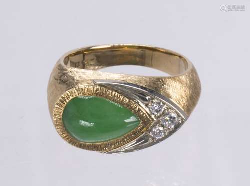 Jadeite, diamond and 14k yellow gold ring Featuring (1) pear-shaped jadeite cabochon, measuring