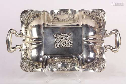 Austrian .800 silver footed tray, Vienna, pre-1866, of a rectangular form, the double handled tray