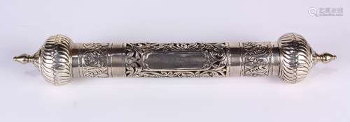 800 silver Megillah or scroll case, the body having ornate pierced arabesque decoration, 12