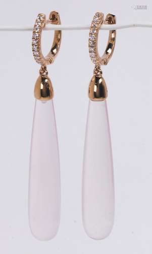 Pair of rose quartz, diamond and 14k yellow gold earrings Featuring (2) rose quartz drops, measuring