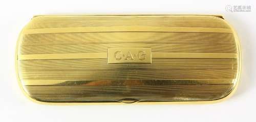 Mrs. A.P. Giannini 14k yellow gold eyeglass case, the exterior with horizontal detail centered