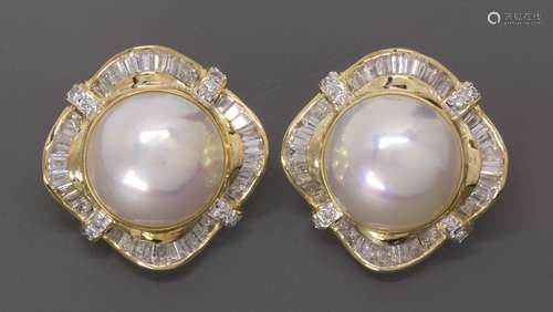 Pair of mabe pearl, diamond and 14k yellow gold earrings Featuring (2) mabe pearls, measuring