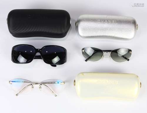 (lot of 3) Chanel sunglasses group, one having red frames accented with rhinestones, one having