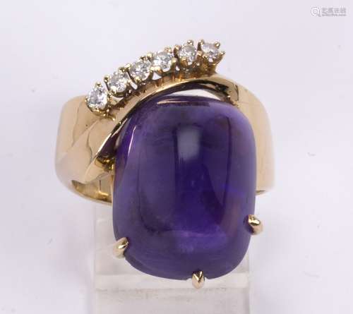 Amethyst, diamond and 14k yellow gold ring Featuring (1) amethyst sugar loaf, measuring