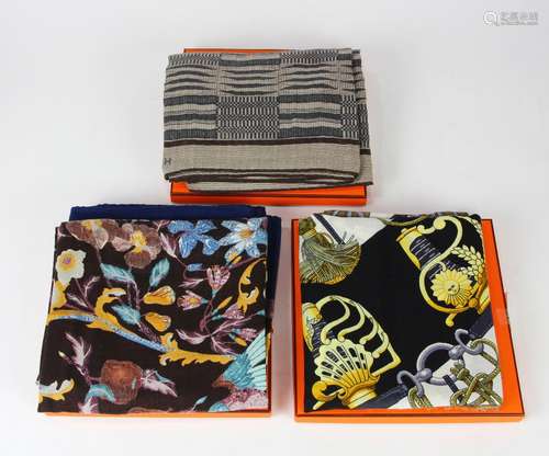 (lot of 3) Hermes cashmere and silk scarf group, one executed in grey, having a Chimayo style