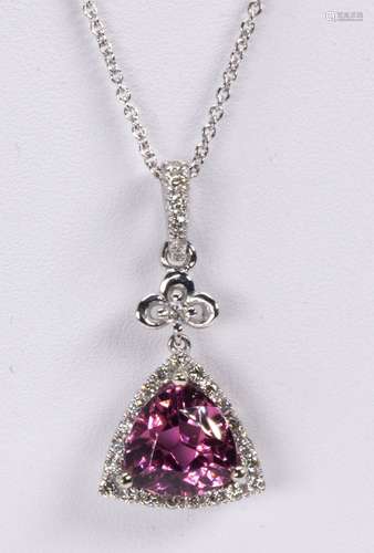 Pink tourmaline, diamond and 14k white gold necklace Centering (1) triangular-cut pink tourmaline,