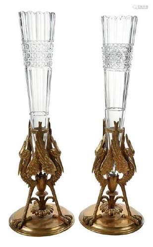 Pair Gilt Bronze and Cut Glass Stork Vases