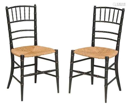 Pair Regency Black Faux Bamboo Side Chairs