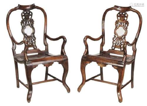 A Pair of Marble Inset Carved Armchairs