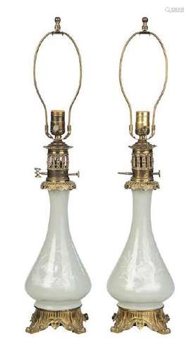 Pair Pate sur Pate Celadon Porcelain Lamps