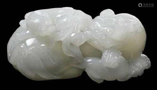 White Jade Carving of Bixie with Young Pup