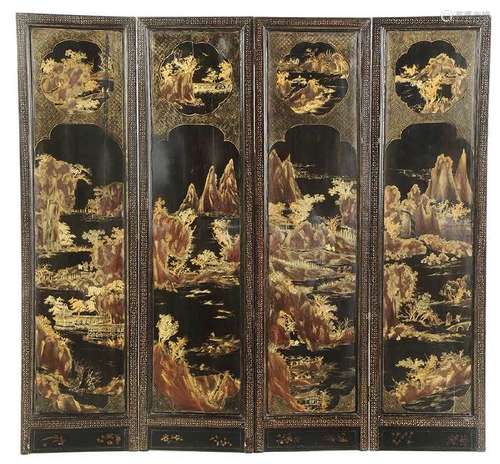 Chinese Export Lacquered and Gilt Floor Screen