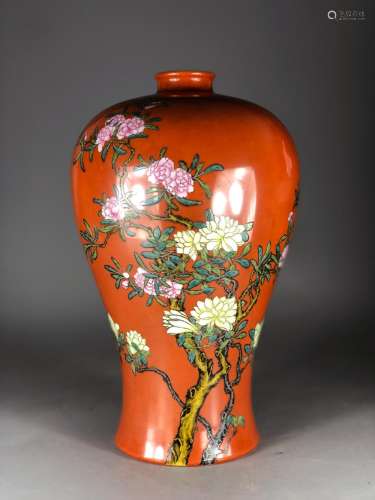 CHINESE CORAL GROUND PORCELAIN MEIPING VASE