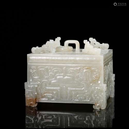 CHINESE WHITE JADE TAOTIE MASK BOX