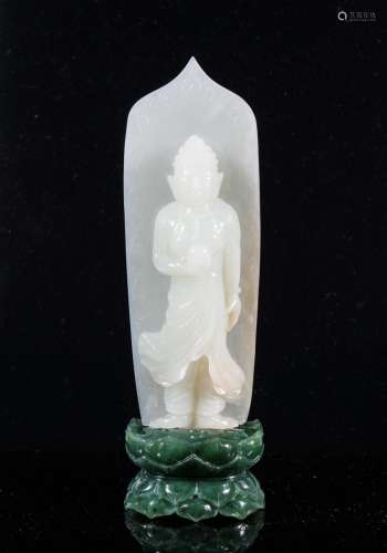 WHITE JADE BUDDHA PLAQUE WITH SPINACH JADE STAND