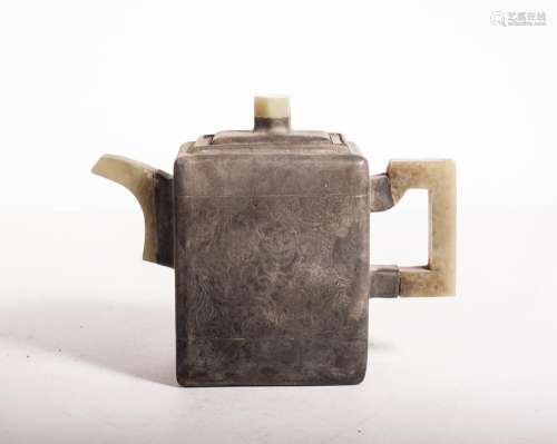 CHINESE PEWTER TEAPOT WITH JADE