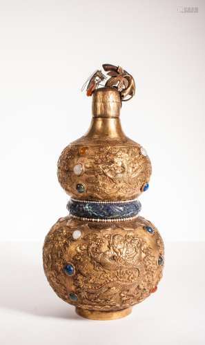 CHINESE GILT BRONZE DOUBLE GOURD VASE WITH INLAID