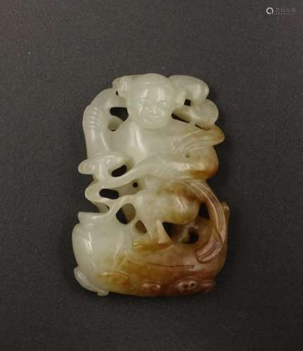 CHINESE JADE PENDANT OF BOY ON FISH