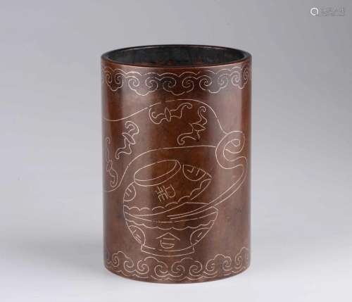 CHINESE BRONZE BRUSH POT WITH SILVER WIRE INLAID