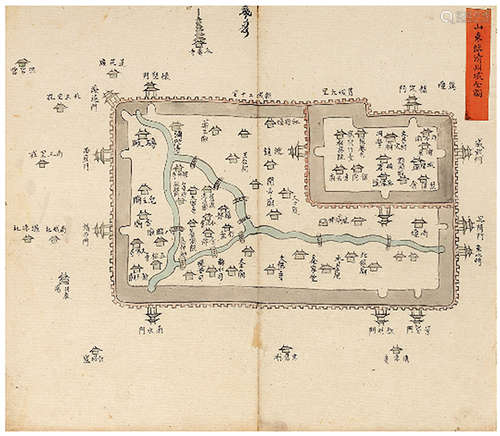 山东临清城全图  清绘本 镜心 1纸 纸本