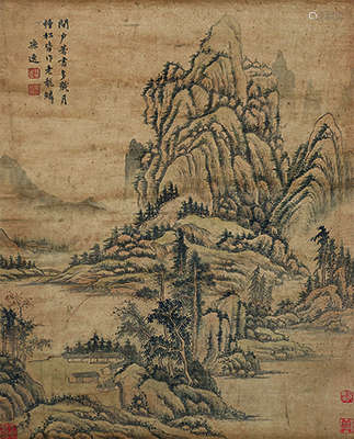 孙逸（1604～1658）（款） 松山书屋图 立轴 设色绢本