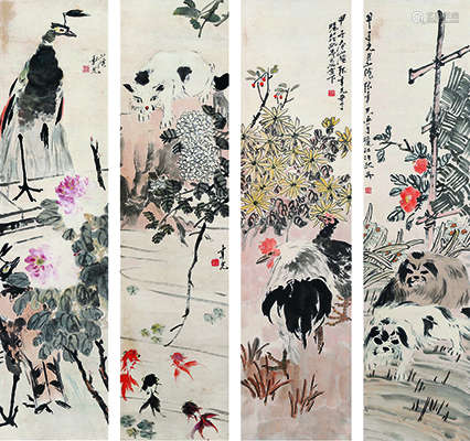 张聿光（1885～1968） 甲子（1924年）作 花鸟 四屏立轴 设色纸本