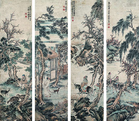 金榕（1885～1928） 光绪丁未（1907年）作 人物 四屏立轴 设色纸本