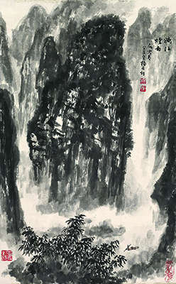 杨石朗（1915～2000） 戊寅（1998年）作 漓江烟雨图 立轴 设色纸本