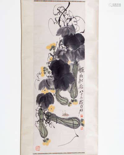 SCROLL OF WATERCOLOR PAINTING SIGNED QI BAISHI