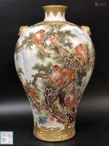 A MONKEY PATTERN DOUBLE EAR MEI VASE