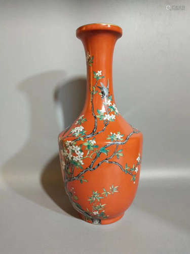 A CORAL COLOR GLAZE BIRD FLORAL PATTERN VASE