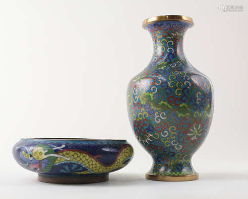 CLOISONNE ENAMEL VASE AND DISH