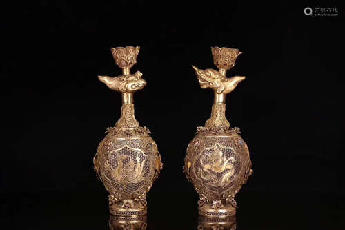 PAIR GILT SILVER DRAGON&PHOENIX PATTERN VASES