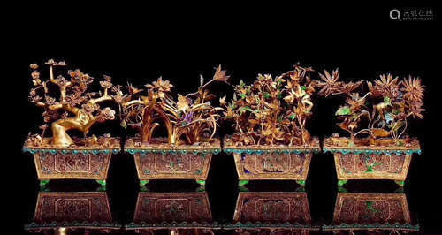 SET OF GILT SILVER CLOISONNE FLOWER POTS