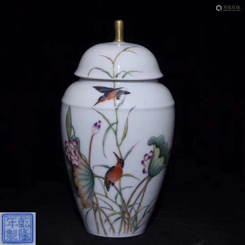 A ENAMELED FLORAL&BIRD PATTERN JAR WITH MARK