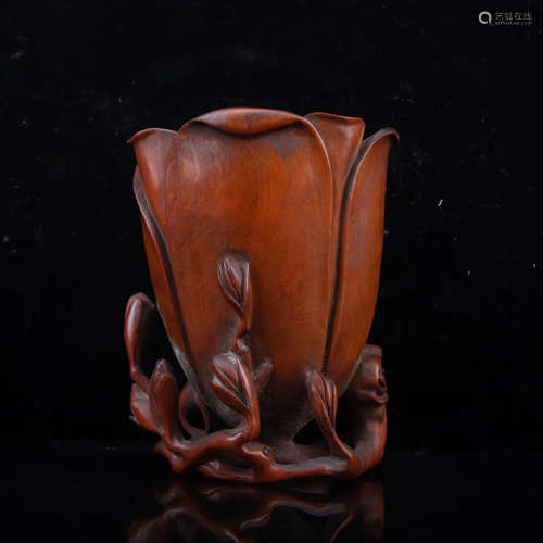 A HUANGYANG WOOD FLOWER PATTEN BRUSH POT