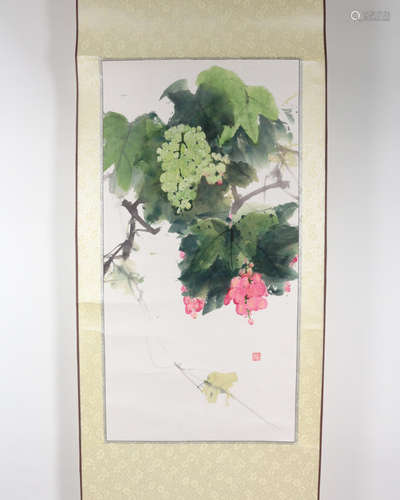 SCROLL OF FLORAL AND FRUIT PAINTING SIGNED PEI, ZH